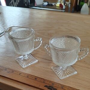 Vintage Clear Pressed Glass Hobnail Square Creamer and Sugar Set